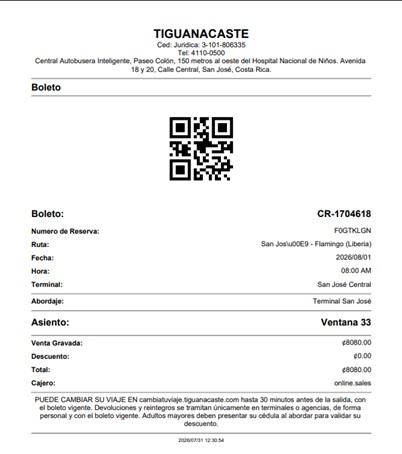 Tiquete de Bus TIG Guanacaste